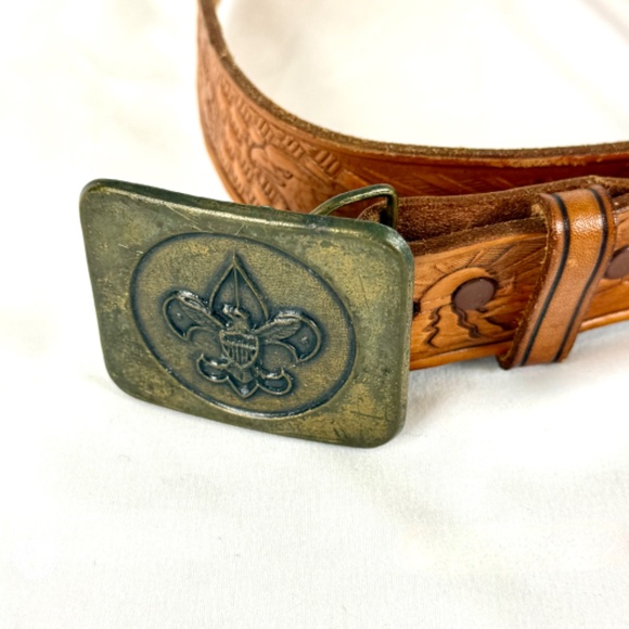 Boy Scouts of America Tooled Brown Leather Belt 34 Eagles Sun Rise Brass Buckle - Picture 10 of 12